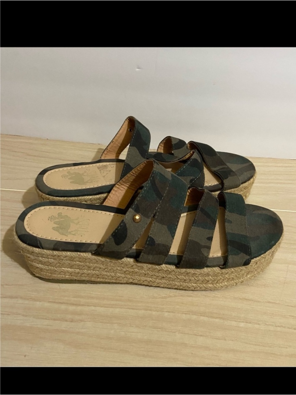 Y2K Camel Toes Camouflage Platform Sandals Burlap Boho Espadrille Wedges Size 9